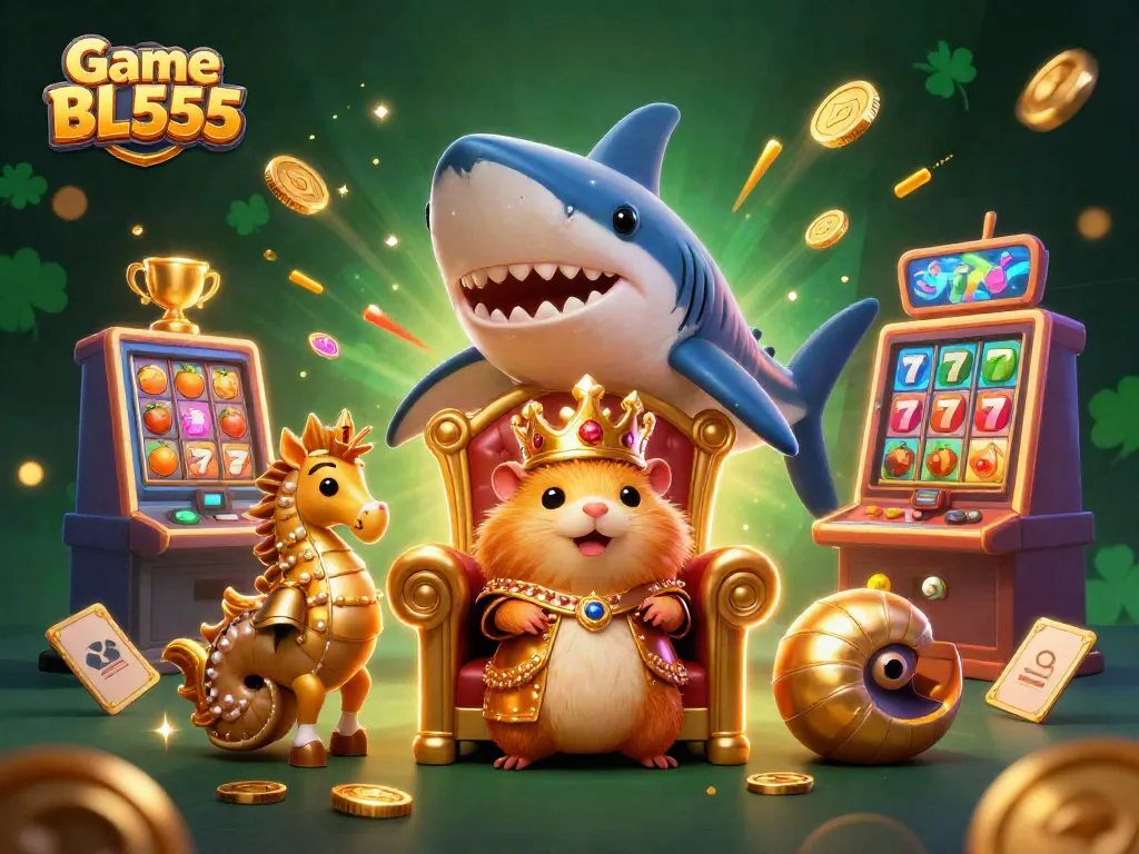 Spin and win with Game BL555, featuring a vibrant 3D scene of a hamster king and dynamic casino elements.