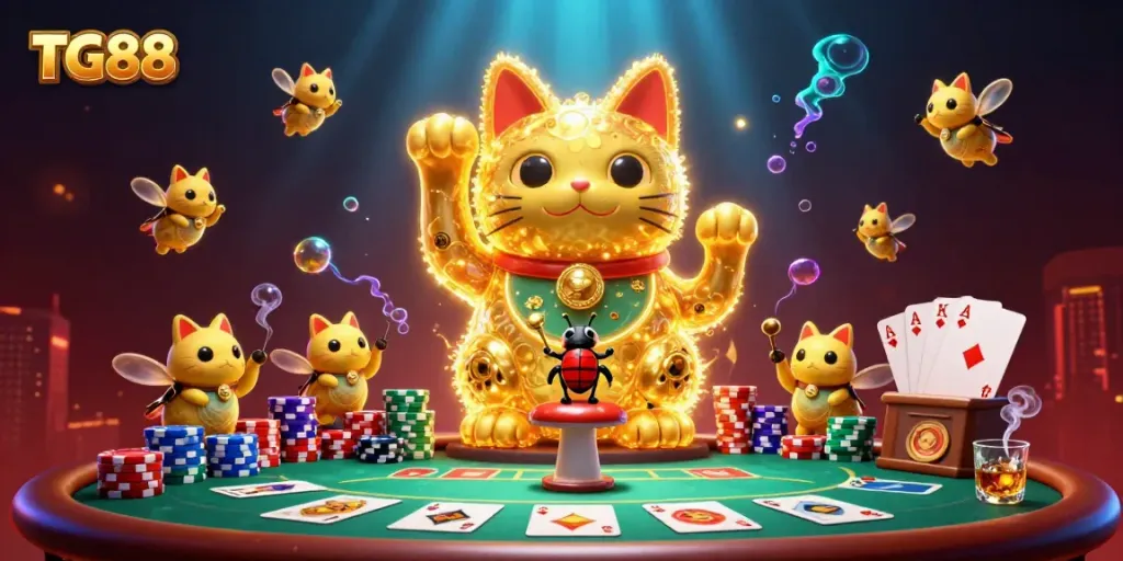 Experience the excitement of TG88 with a vibrant lucky cat in this colorful casino scene.