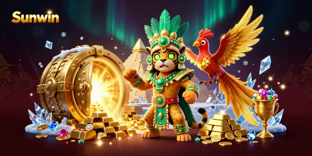 Experience the thrilling world of Sunwin as a jaguar priest and quetzal bird explore a treasure-laden scene.