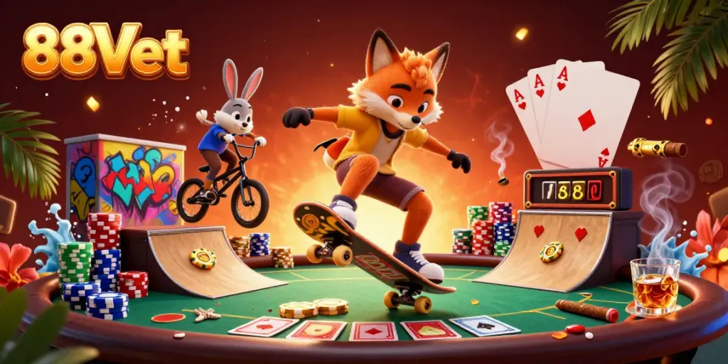 Experience thrilling gameplay with 88Vbet as a cartoon fox performs stunts over golden poker chips.