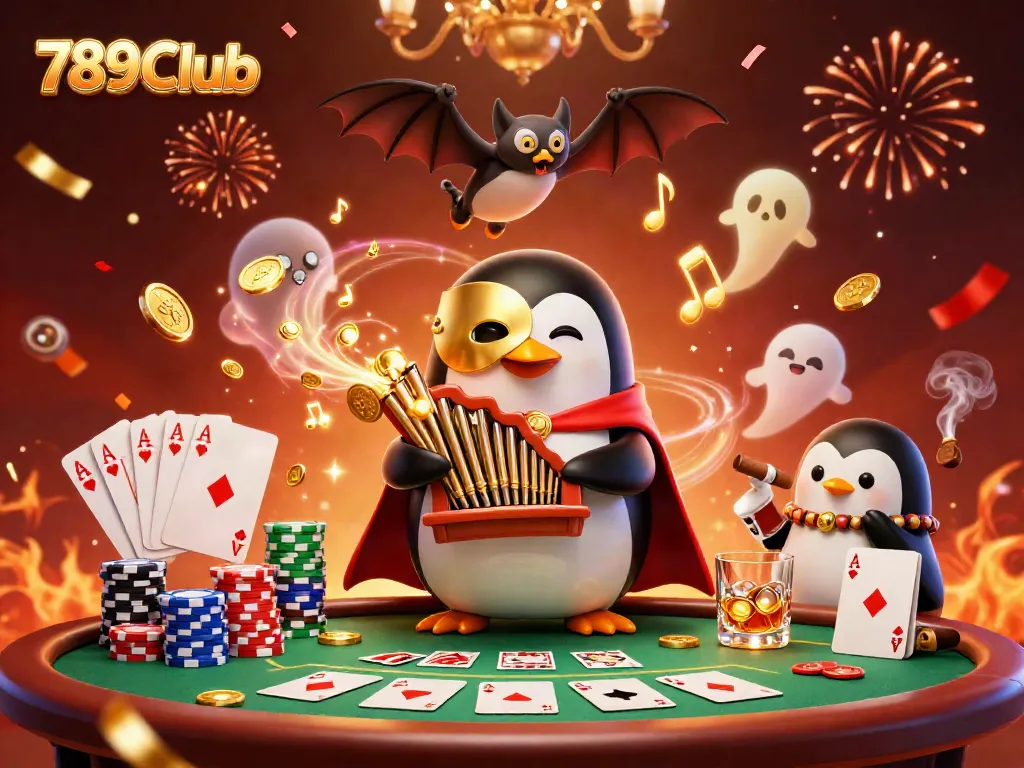 Experience the thrilling adventures of 789Club with a whimsical penguin organist amid golden musical notes and casino elements.