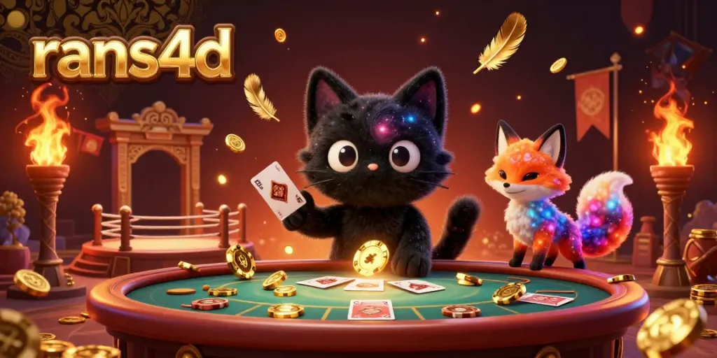 RANS4D menarik chip emas dan kartu di meja kasino kosmis yang penuh warna.