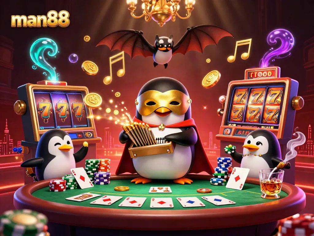 Experience thrilling betting with man88 in a vibrant 3D casino scene featuring a golden penguin and slot elements.