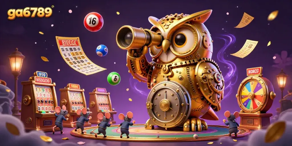 Experience ga6789 with a vibrant 3D scene featuring a golden owl and lottery elements in a casino.
