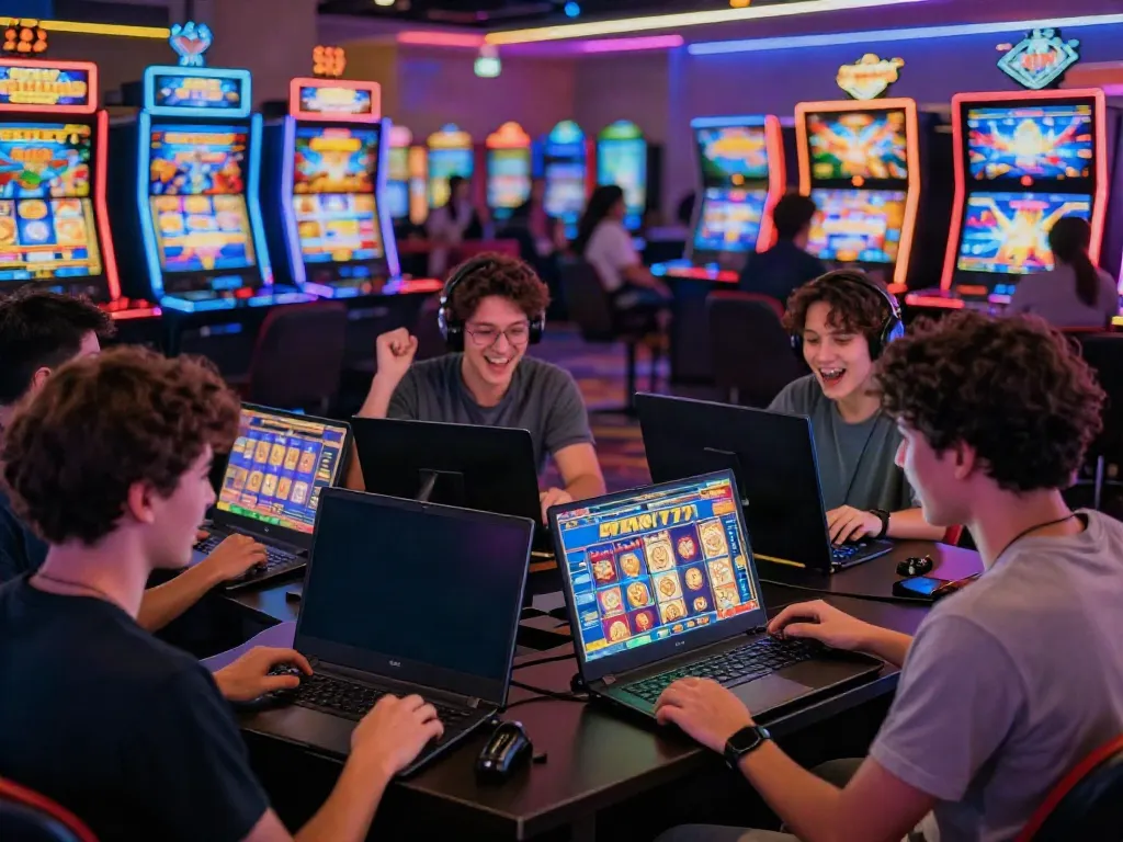 Players enjoying the thrill of slot777 online gaming in a vibrant digital casino atmosphere.