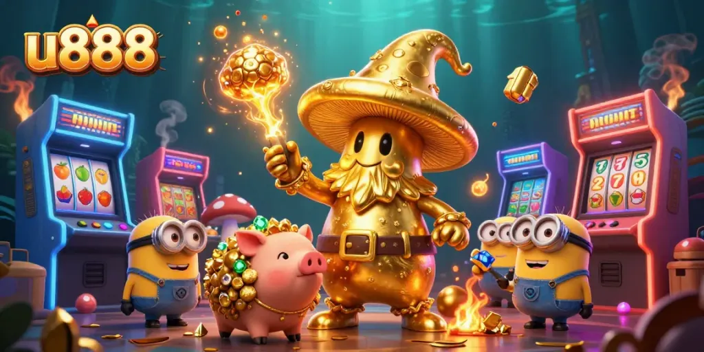 Experience the charm of u888's golden casino world with enchanted characters and vibrant game elements.