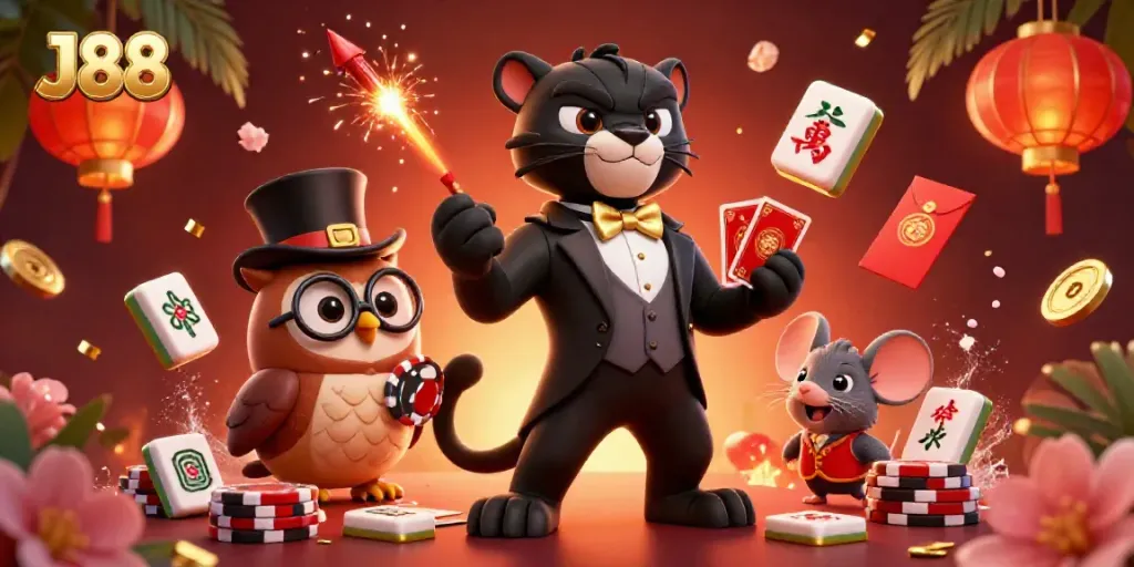 Engage in exciting gaming at J88 with a stylish panther dealing cards amidst vibrant casino elements.