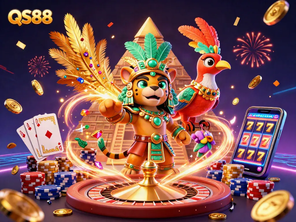 Experience thrilling gaming at QS88 with an explosive casino illustration showcasing iconic elements.