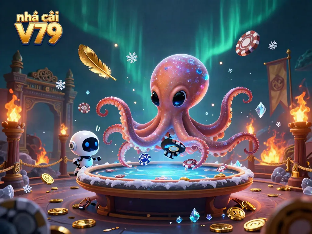 Engage in thrilling action at Nhà cái V79 with a floating poker table and vibrant casino elements.