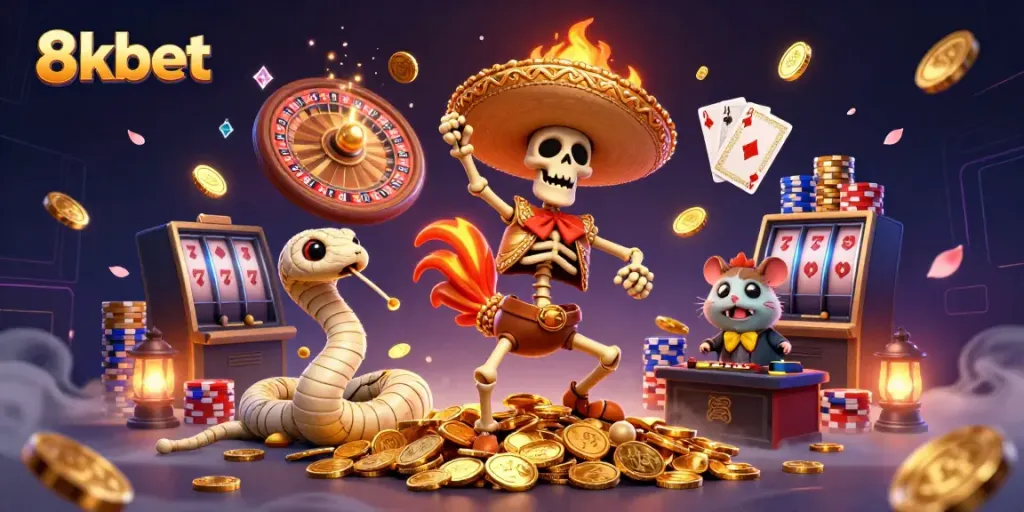 Experience exciting gaming moments with 8kbet, featuring vibrant casino elements and characters.
