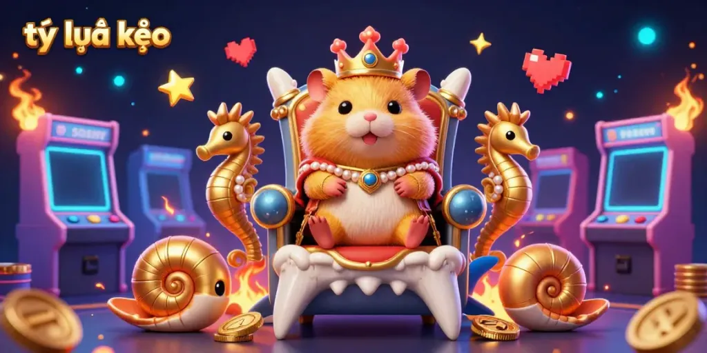 Engage with tỷ lệ kèo on a vibrant, ultra-detailed 3D illustration featuring a hamster king in a dynamic casino setting.