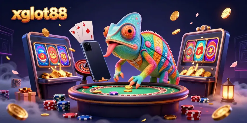 Xgslot88 menghidupkan suasana kasino dengan chameleon 3D yang menarik dan elemen permainan meriah.