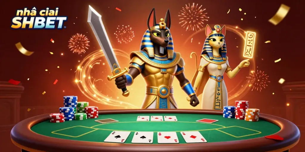 Experience the excitement at Nhà cái SHBET with the ancient Egyptian warrior and vibrant casino elements