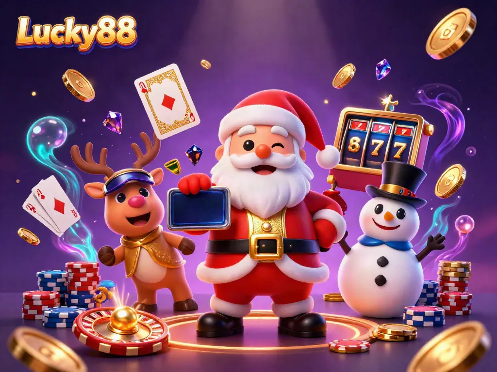 Experience the fun at Lucky88 with Santa and friends in an engaging casino scene.