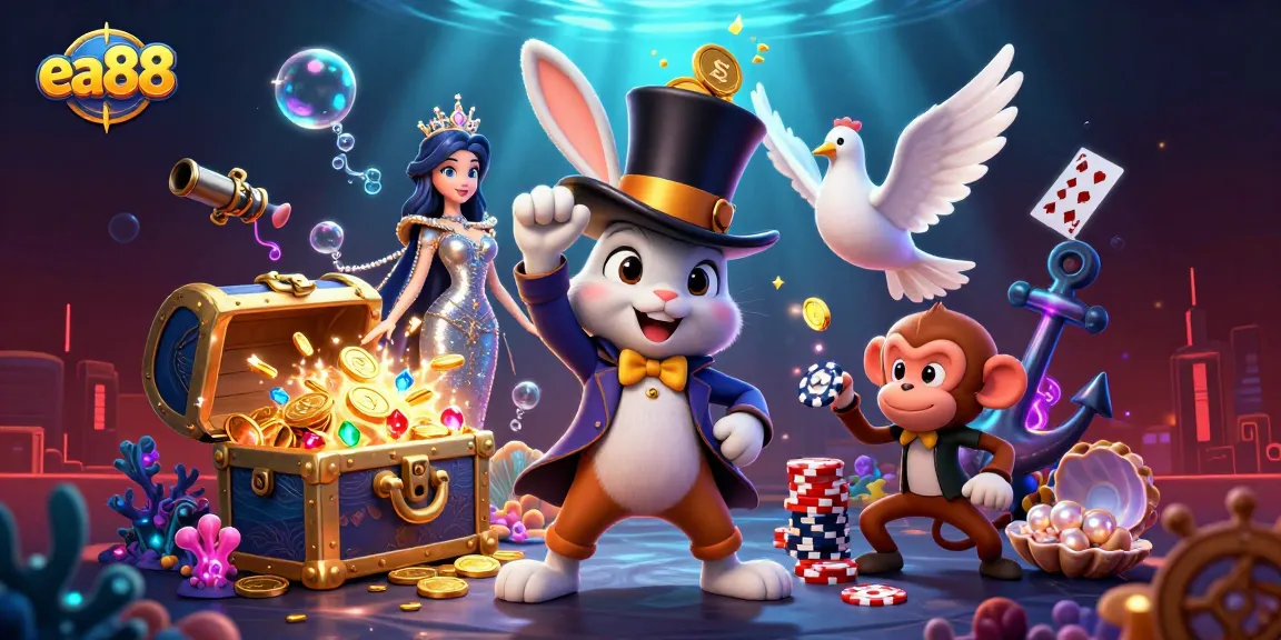 Win at ea88 with a magical scene featuring a cartoon magician, dove and a monkey, surrounded by casino treasures.