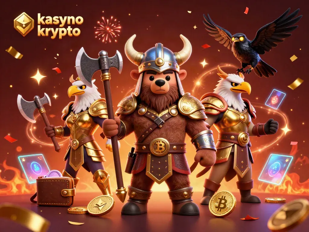 Kasyno krypto scene with Viking bear and Valkyrie amidst blockchain elements and festive visuals