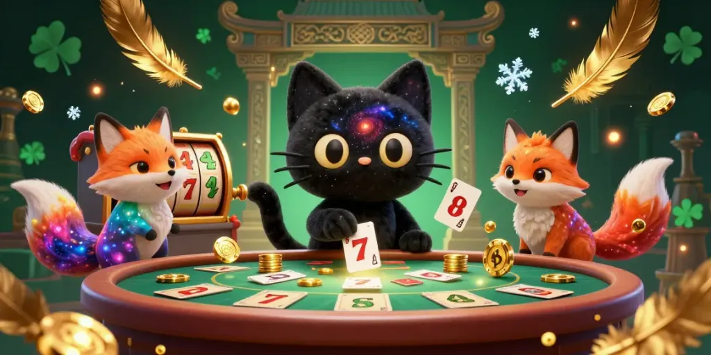 Engage in thrilling action at tk88 with a cosmic casino scene featuring a black hole cat and a nebula fox.