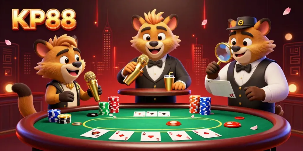 Experience laughter and excitement at KP88 casino with hyenas and colorful poker elements.