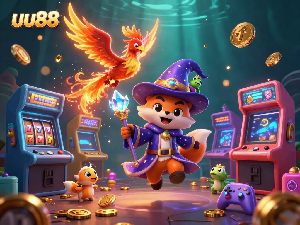 Experience the thrill of uu88 with a vibrant 3D casino scene featuring mystical characters and gaming elements.