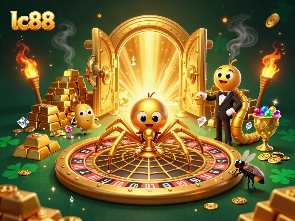 Place bets at LC88's vibrant roulette wheel, featuring animated gambling elements and gold.