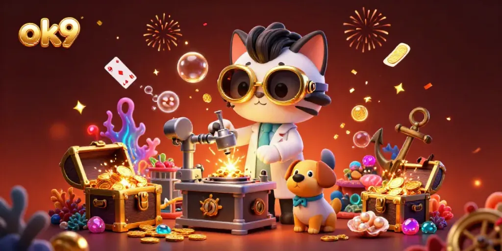 ok9 themed illustration of a mad scientist cat and assistant dog amidst casino treasures and vibrant colors