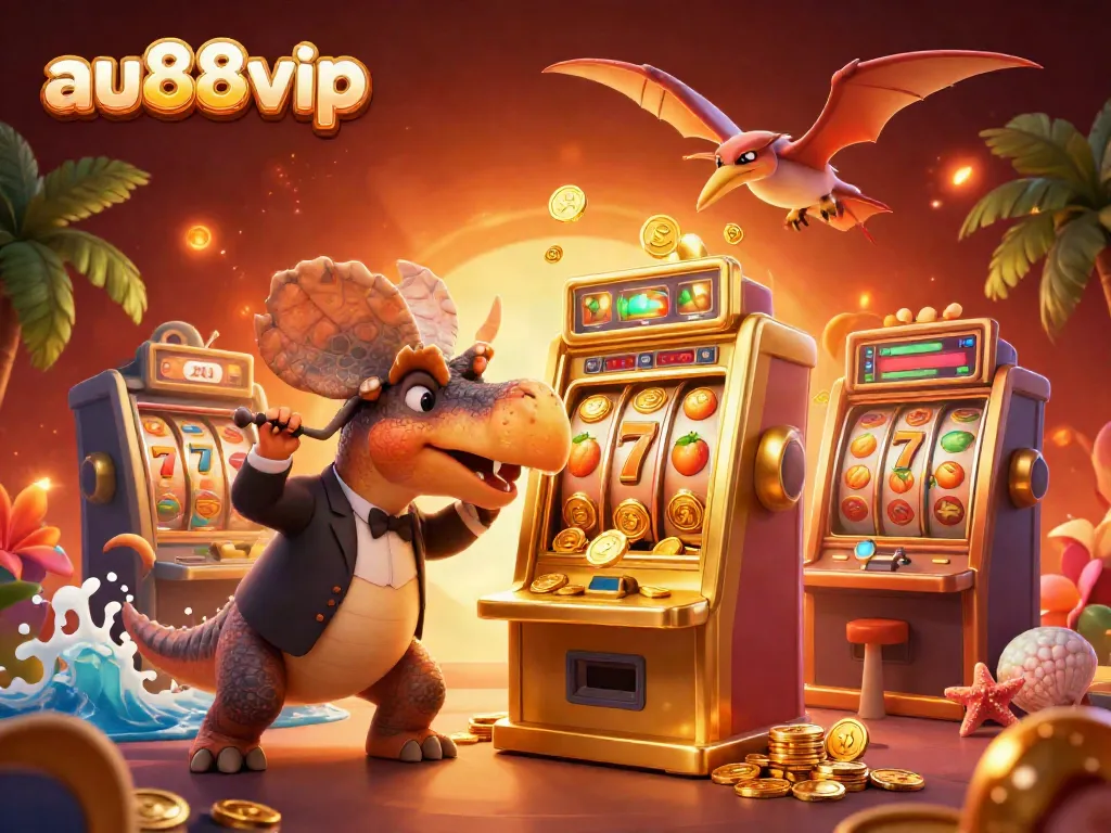 Experience a thrilling moment at au88vip with cartoon dinosaurs in a jackpot scene
