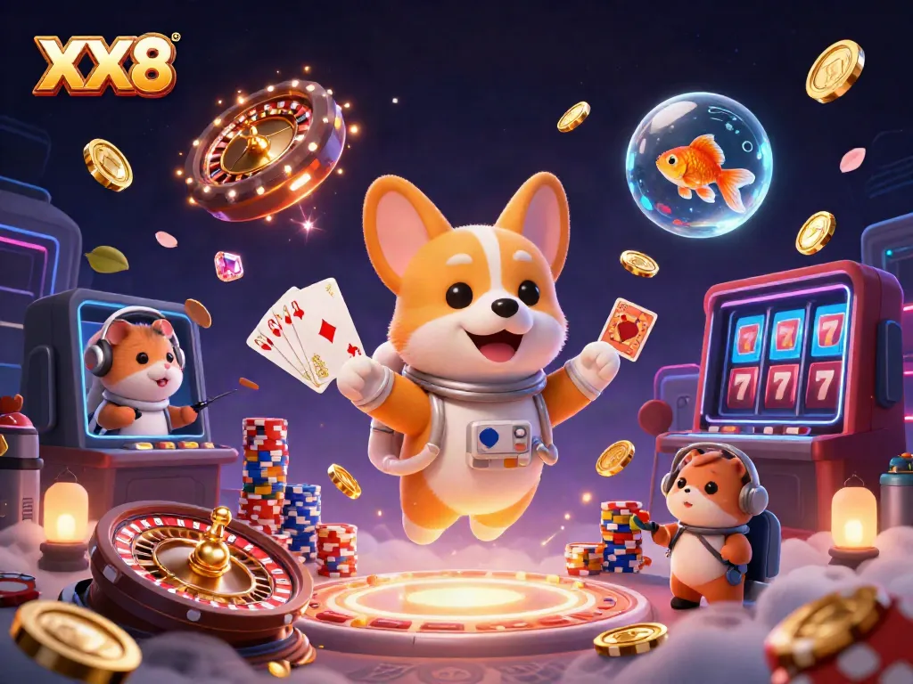 Experience the thrill of XX8 with a floating corgi in a cosmic casino surrounded by poker chips and coins.