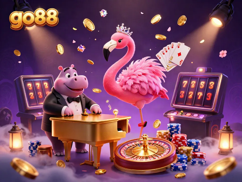 Engage with go88's vibrant casino scene featuring a flamingo singer, hippo bassist, and casino elements.