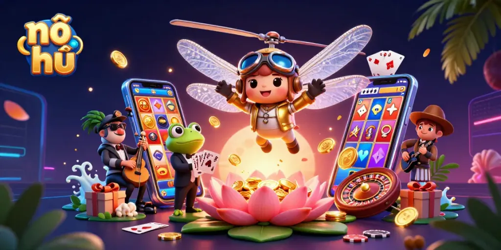 Experience nổ hũ excitement with a vibrant casino scene featuring stunning game elements and whimsical characters.