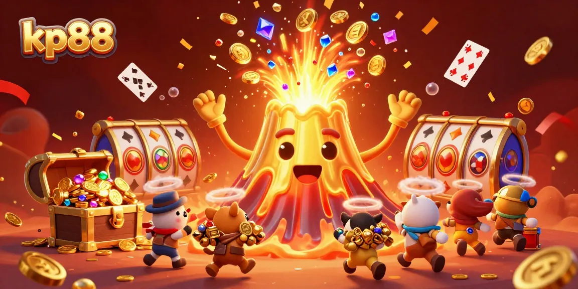 Experience thrilling gameplay at kp88 with a vibrant illustration showcasing an erupting volcano of treasure amid a dynamic casino adventure.