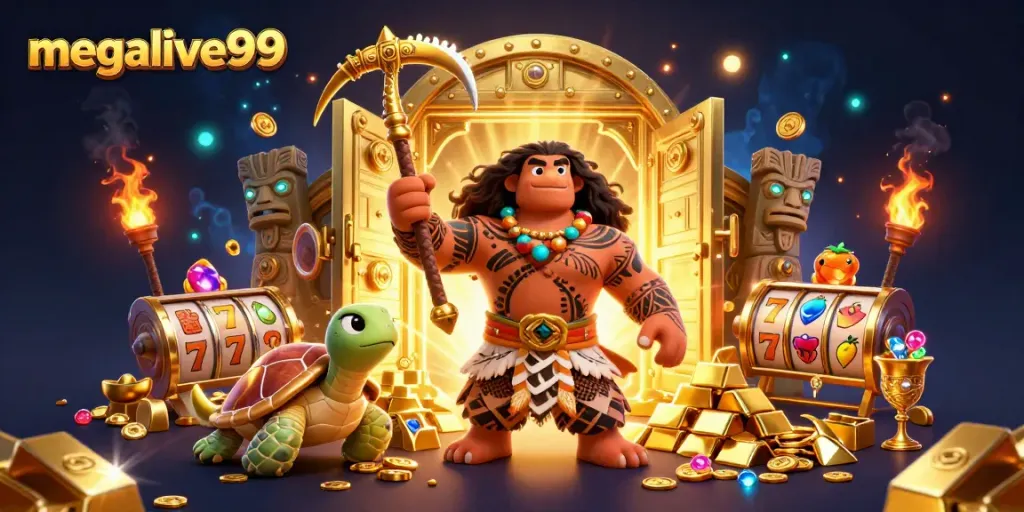 Megalive99 fitur permainan utama menampilkan karakter 3D dengan elemen perjudian penuh warna dan menggembirakan.
