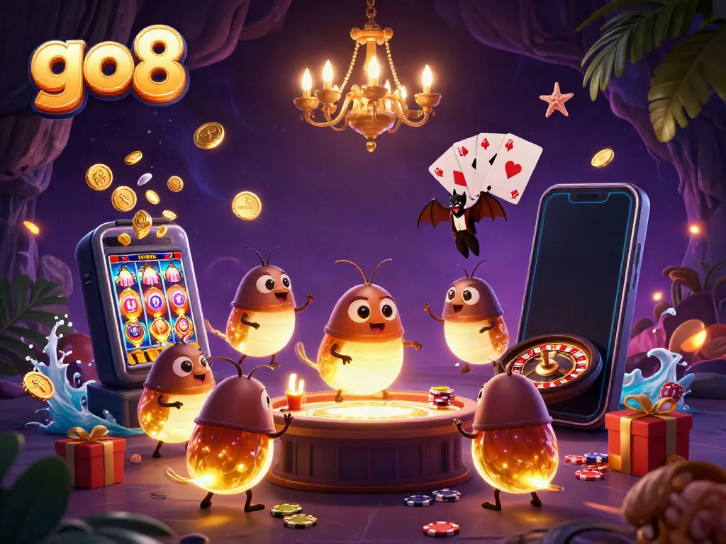 Engage in thrilling games at the go8 casino under a bioluminescent glowworm team and bat dealer.