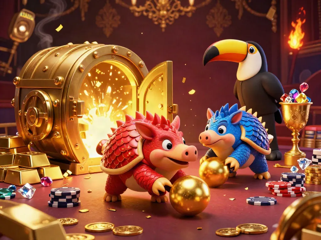 IWIN pangolins compete in a vibrant 3D casino scene filled with gold and jewels.
