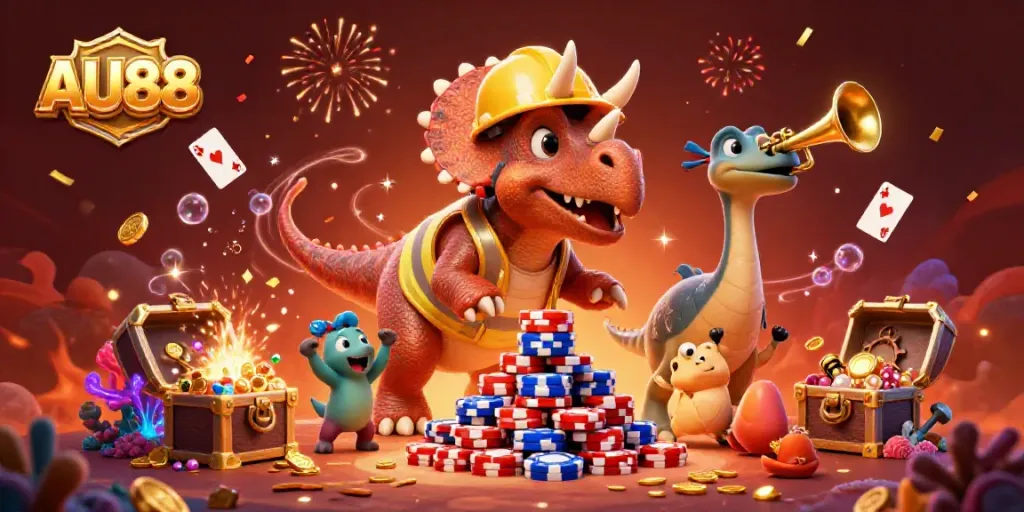 Join the celebration at AU88 with a festive scene featuring a triceratops and friends building poker chip pyramids.