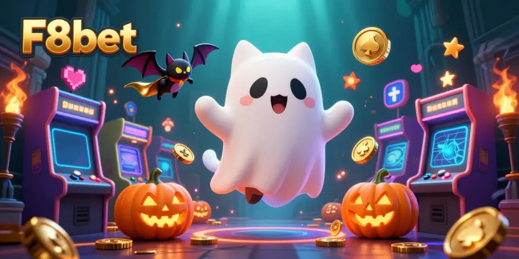 Experience thrilling gameplay at F8bet with our ghostly cat protagonist amidst glowing casino elements.