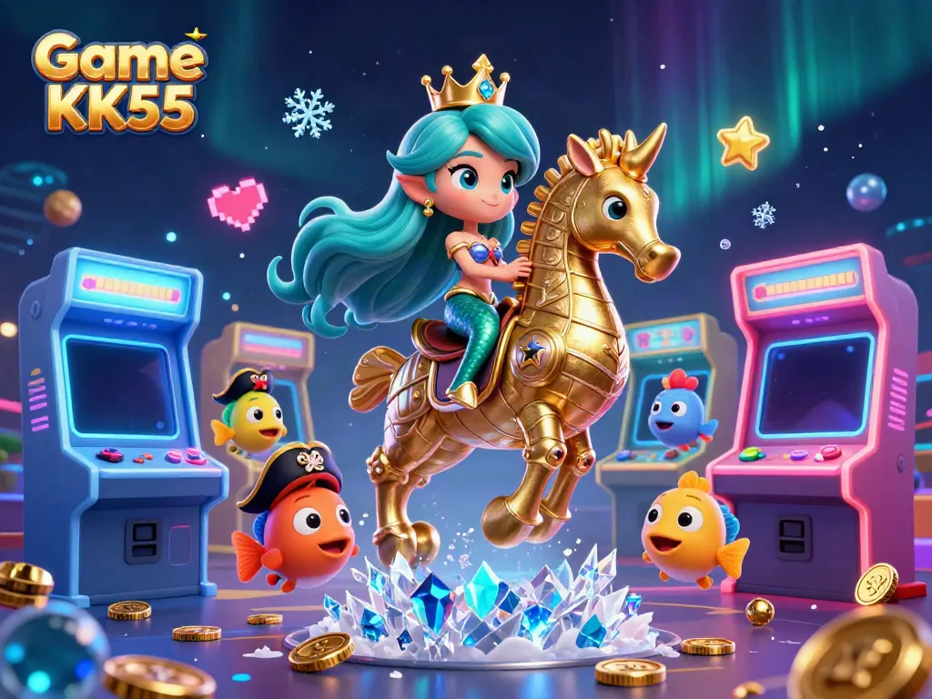 Engage in Game KK55 with vibrant visuals featuring a mermaid, seahorse, and colorful arcade elements.