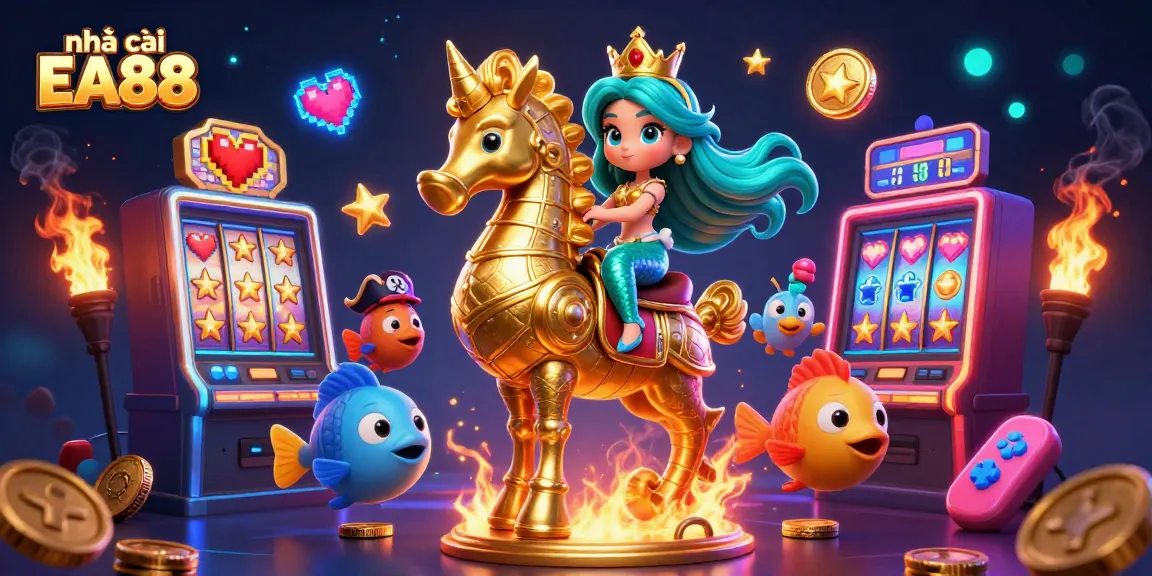 Engage with the vibrant world of nhà cái EA88 featuring a mermaid princess, seahorse, and colorful slot machines.