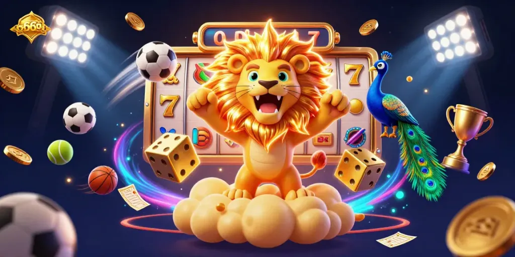 Experience the thrill of s666s with a roaring sun lion, slot reels, and dynamic sports elements.