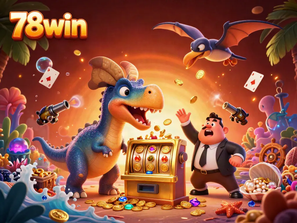 Engage with 78win's thrilling jackpot scene featuring cartoon dinosaurs and slot machines.