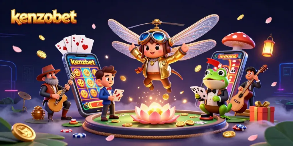 Kenzobet offers thrilling gaming experiences with vibrant visuals of a dragonfly pilot, card-dealing frog, and jazz-playing crickets.