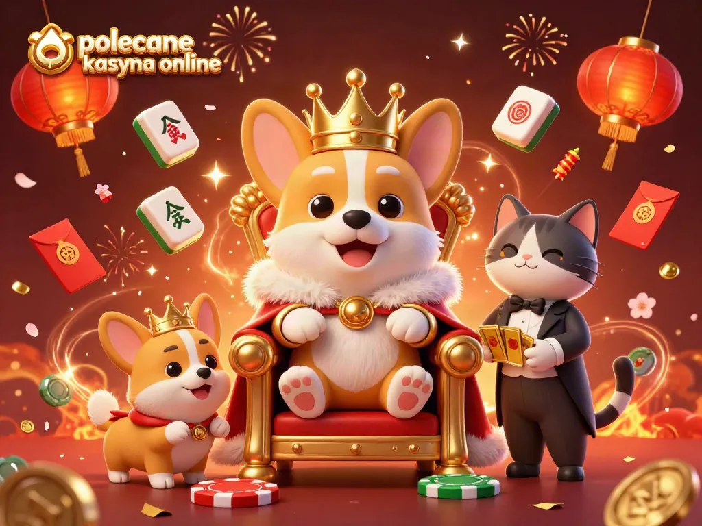 Play and win at polecane kasyna online with a corgi king and vibrant casino elements surrounding them.