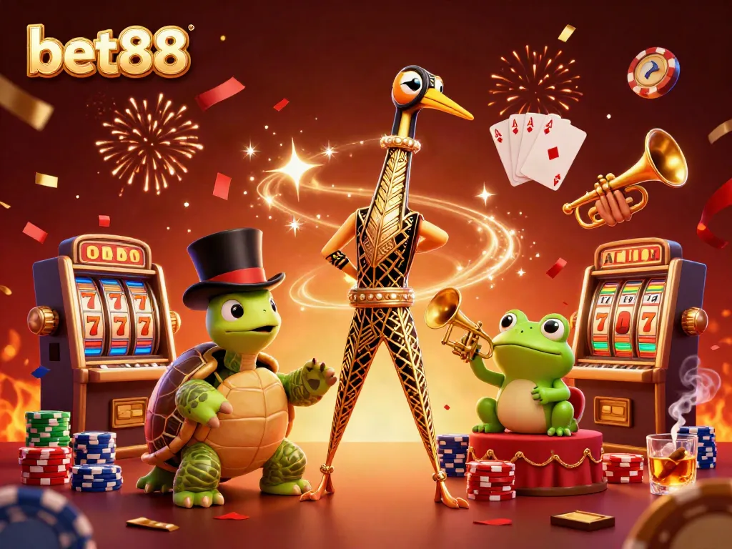Experience the excitement of bet88 with a vivid casino scene featuring animated characters and vibrant game elements.