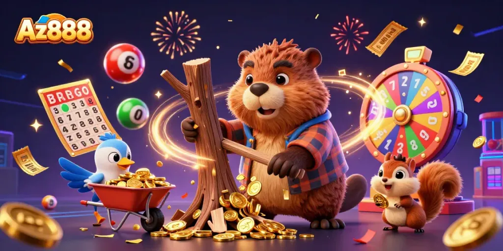 Az888's spirited cash collection scene features a beaver and friends amidst vibrant gambling fun.
