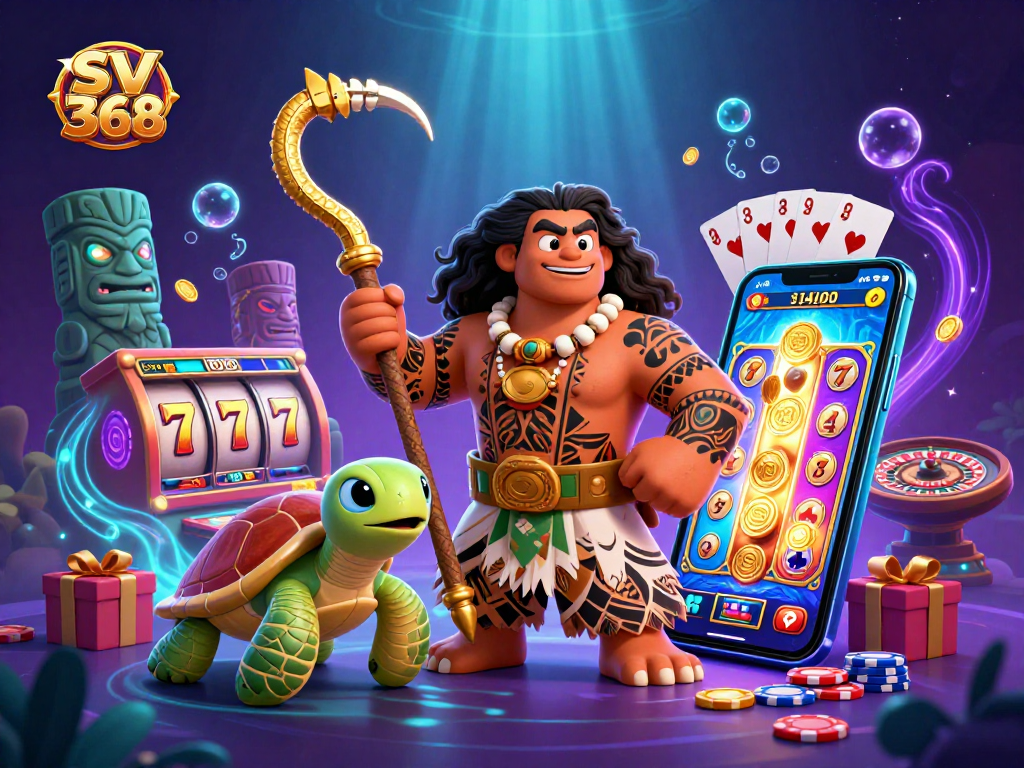 Engage with the SV 368 illustrated casino scene, showcasing interactive slot gaming elements.
