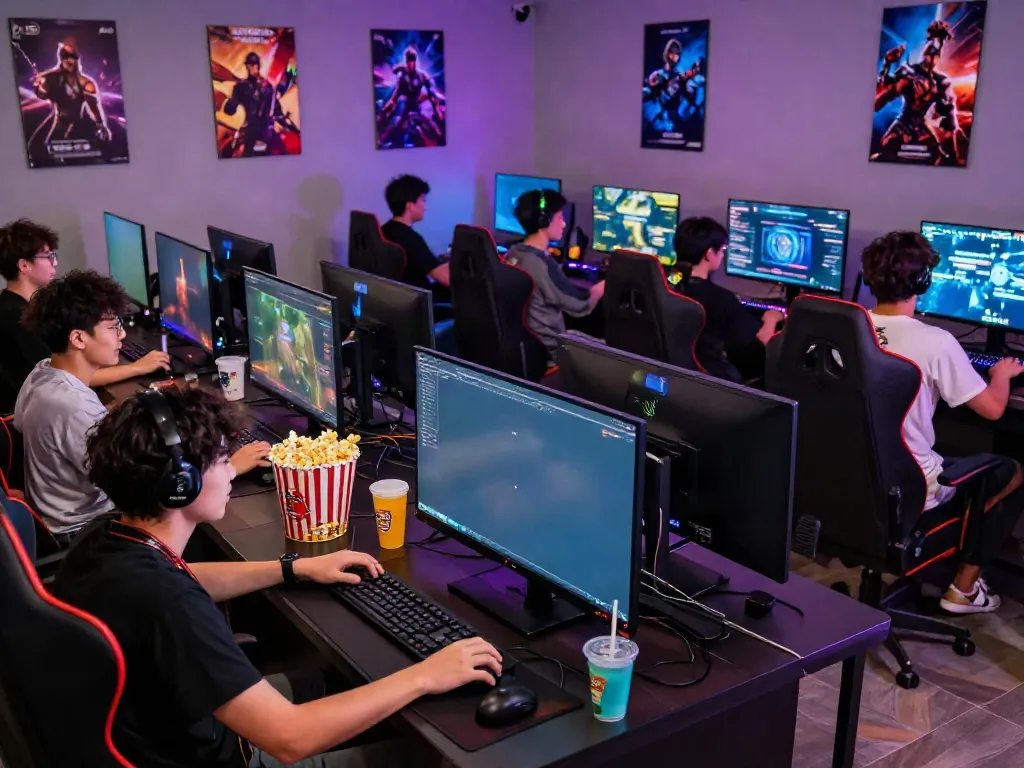 Friends playing in a vibrant kilat404 gaming lounge, showcasing competitive social gaming.