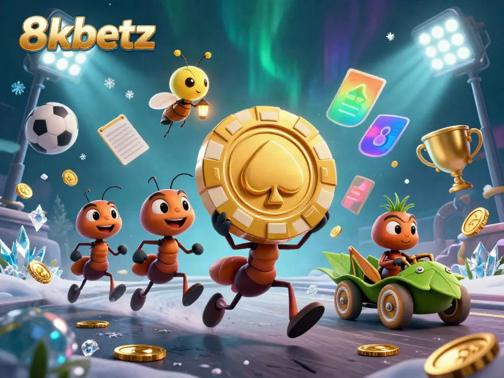 Win golden chips with 8xbetz during an exciting gambling adventure in a vibrant cartoon scene.