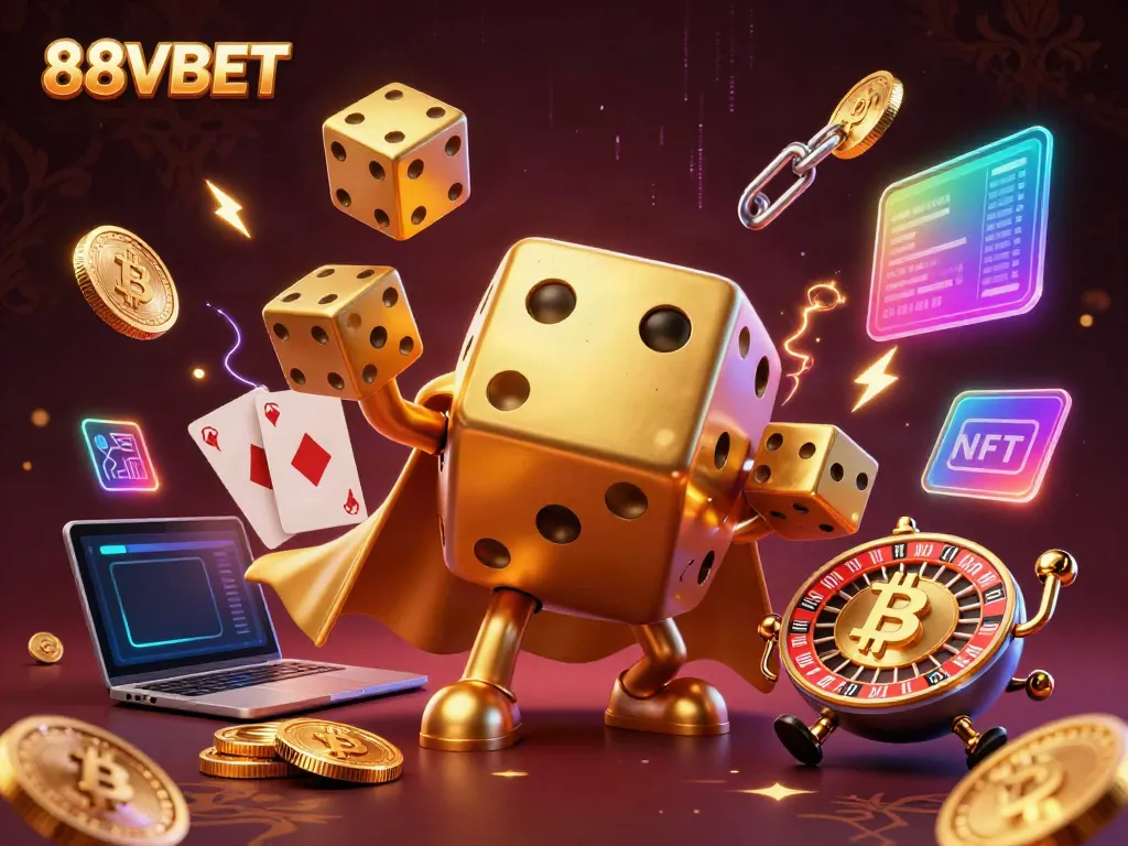 Engage with 88VBET's vibrant 3D casino world, featuring golden dice and crypto elements.