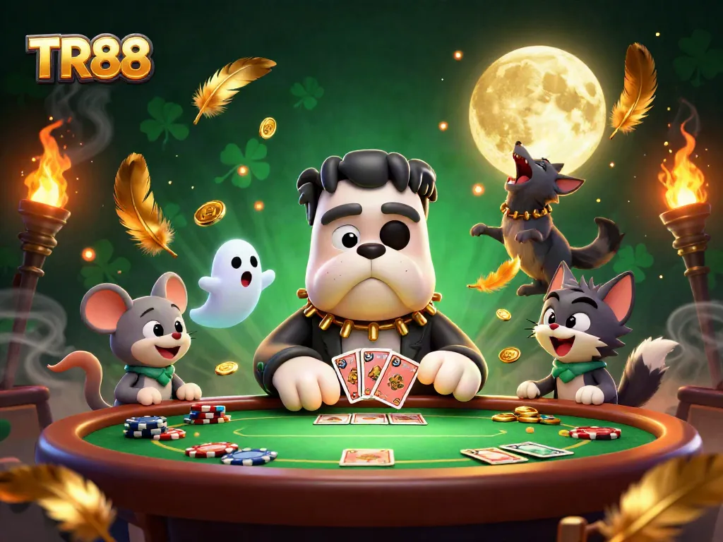 Engage with TR88 in an animated casino scene featuring a dog dealer and ghostly interactions.