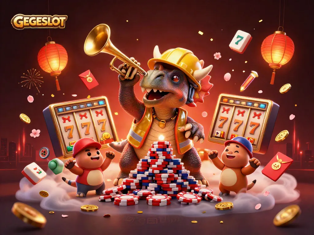 Celebrate GEGESLOT with a dynamic casino scene showcasing animated dinosaurs and vibrant gaming elements.