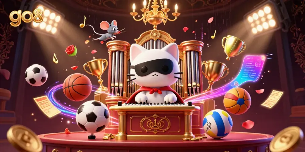 Experience thrilling games at go8 with a dynamic 3D scene of animated casino characters and sports elements.